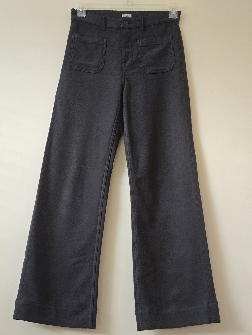 Faherty Stretch Terry Patch Pockets Slim Wide Leg Pants Washed Black Sz28